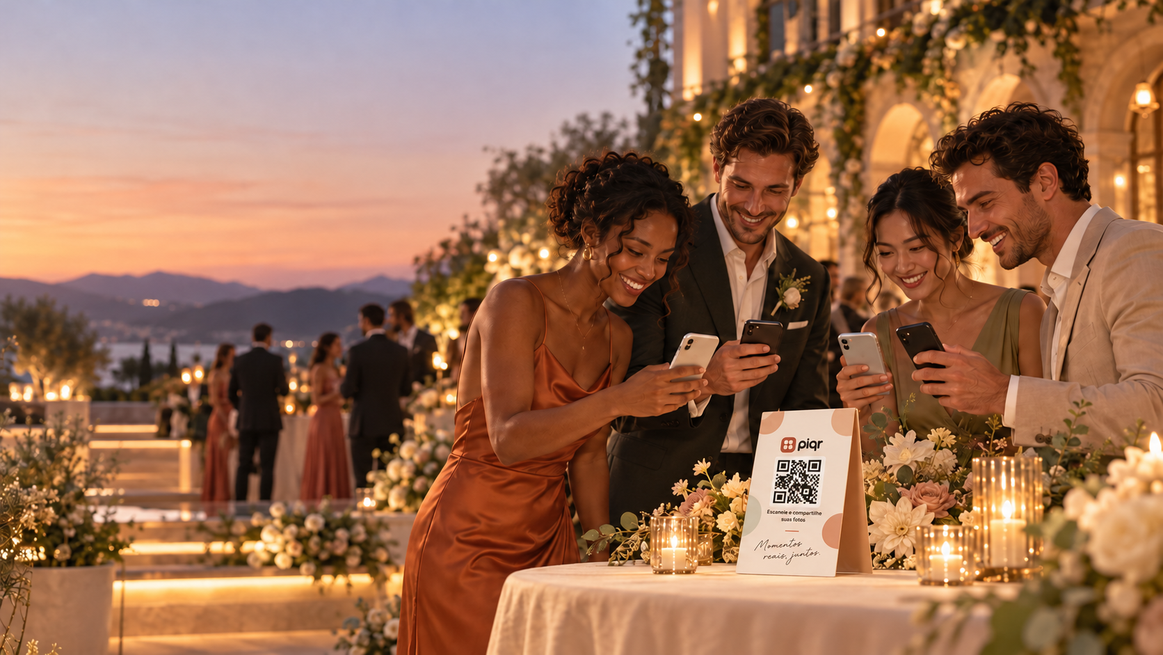 Convidados escaneando o QR Code do evento PiQR em um totem com a marca PiQR